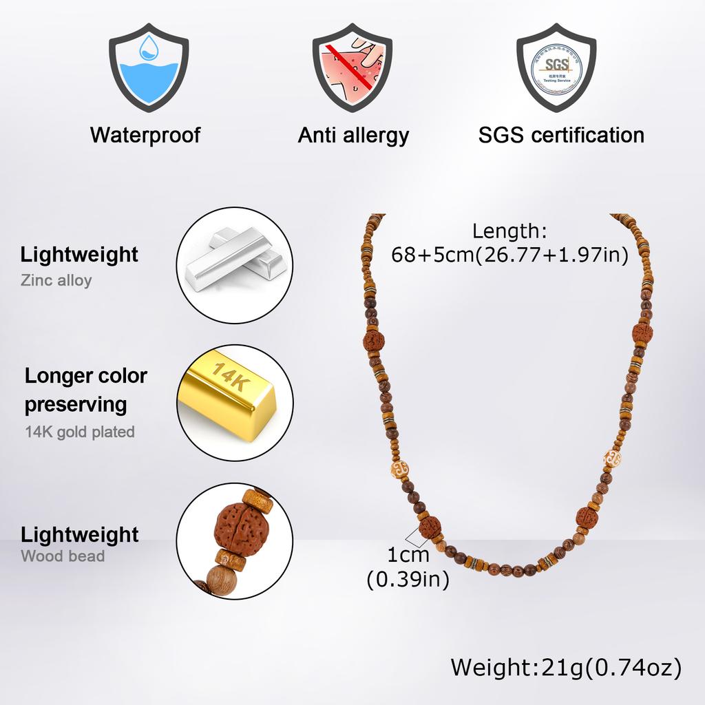 Men's Wood Beaded Long Necklace,Vintage Ethnic Layered Long Chain Collars,Summer Bohemian Jewelry Gift