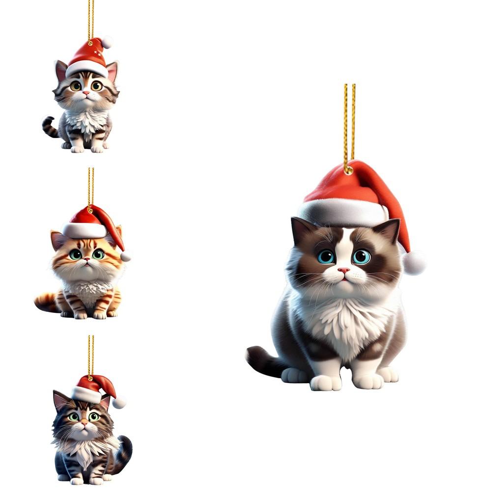 Lovely Acrylic Cat Car Hanging Decoration With Cheerful Christmas Hat And Theme Tree