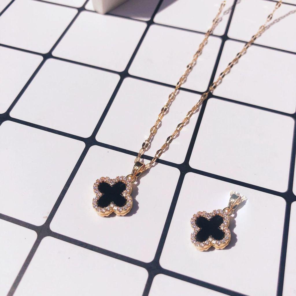 Elegant Double-Sided Four-Leaf Clover Necklace - Rose Gold Plated with Black & White Enamel, Micro-Inlaid Zirconia for Women