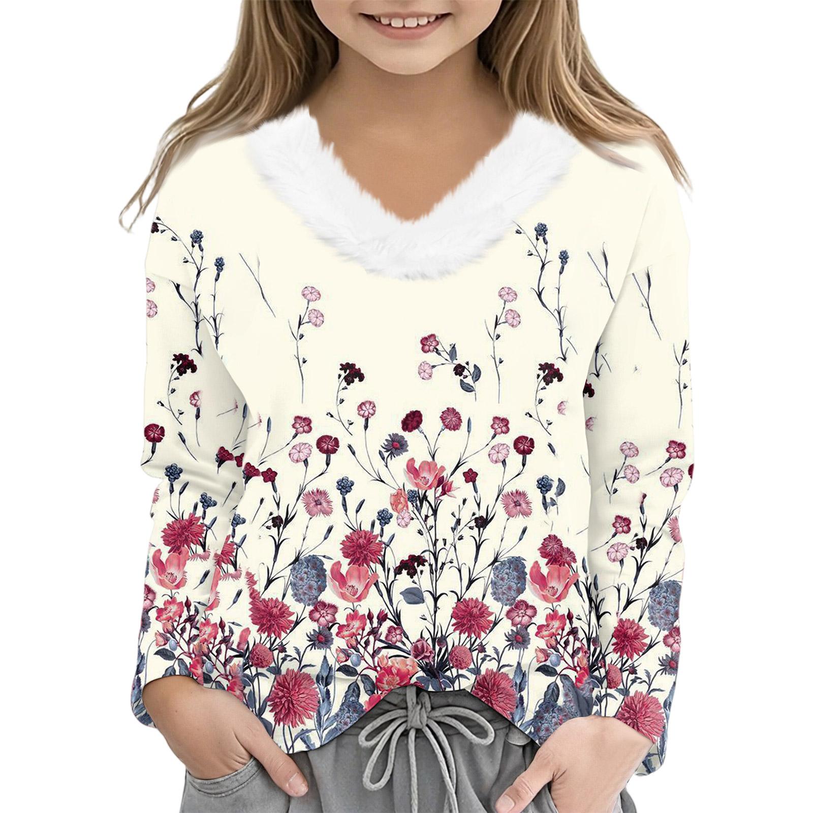 

Christmas Day Girls Long Sleeve T Shirts Kids Girls V-Neck Tee Christmas Print Long Sleeve Top 100 бежевый