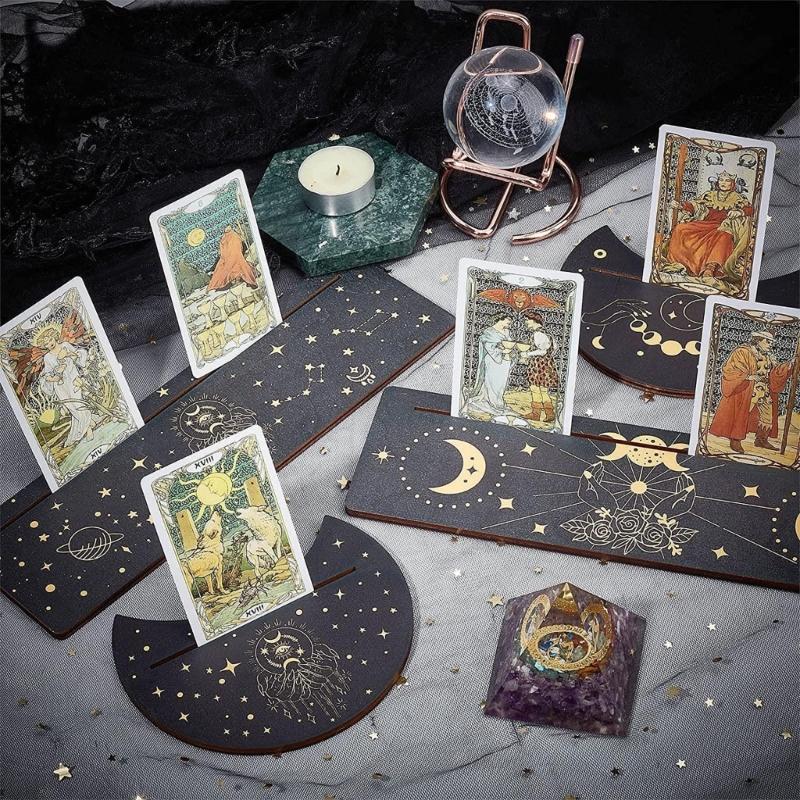 Tarot Cards Stand Wood Holder Moon Phases Altar Base Moon Shape and Rectangle Cards Holder for Witch Divinations Tools