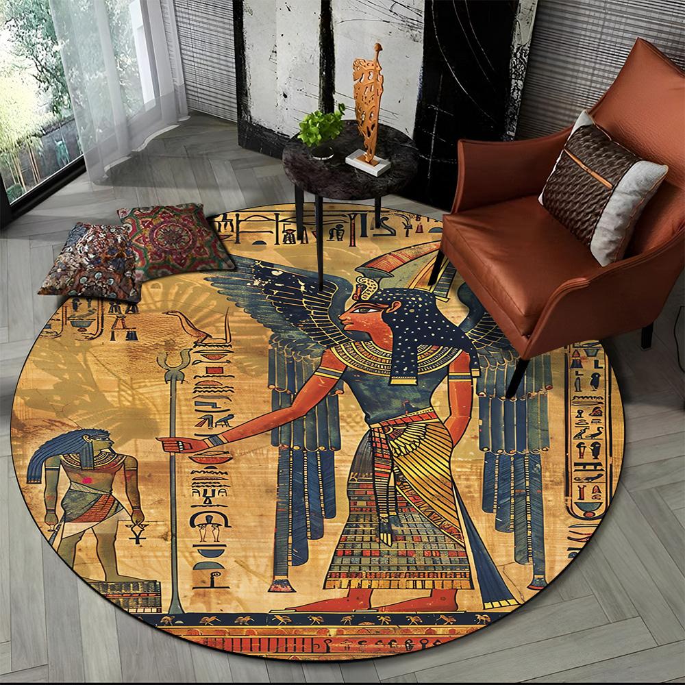 2025 New Ancient Egypt Hieroglyphic Mythology Wall Painting Glyph Round Carpet Rug for Bedroom Living Room Sofa,Decor Floor Mat