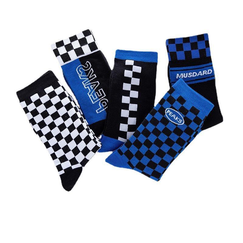 Trendige japanische Kontrast-Schachbrett-Plaid-Mittelrohrsocken für Herren & Damen - Herbst/Winter Blau Sportlicher Stil