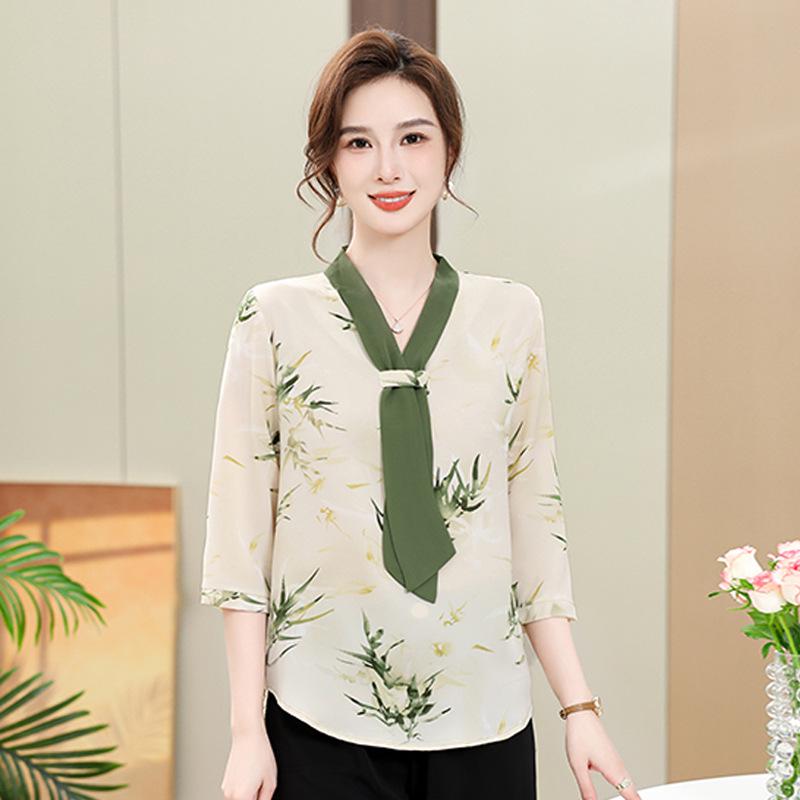 Chic Chiffon Top for Middle-Aged Women, 2026 Spring/Summer, Elegant Seven-Sleeve Shirt 4XL (130-145 kg recommended) зелёный