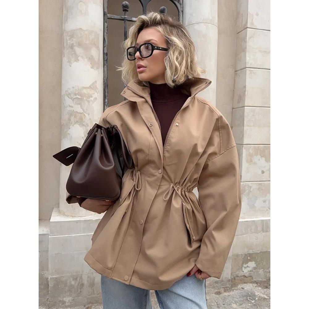 

Women s Stand Collar Mid length Trench Coat Drawstring Waist Autumn Winter Coats Cotton Outer Jacket L хаки