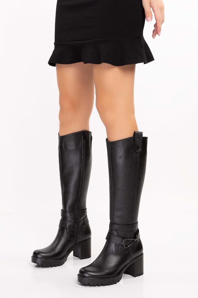 Damen-Stiefel, moderne, stilvolle Mode, Stiefel aus echtem Leder, mittelhoher Absatz, Ell-Schwarz