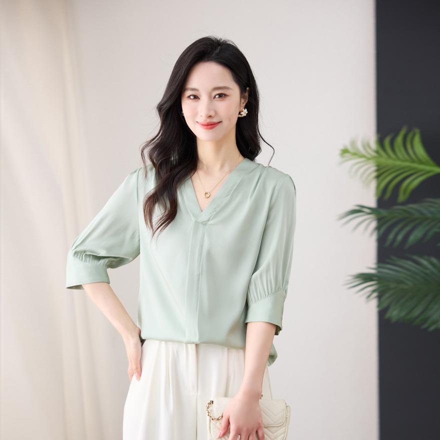 

Тяжелый шелковый топ женский с рукавом три четверти новая мода V-образный вырез шелк тутовый прикрывающая живот рубашка L