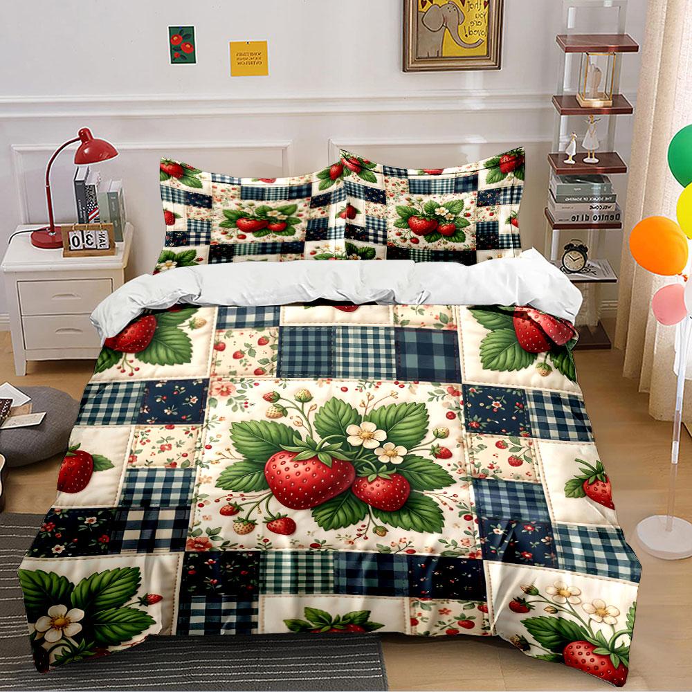 Strawberry Patchwork Design Bedding Duvet Cover Set Duvet Cover Pillowcases (1*Duvet Cover 2*Pillowcases, without duvet insert)