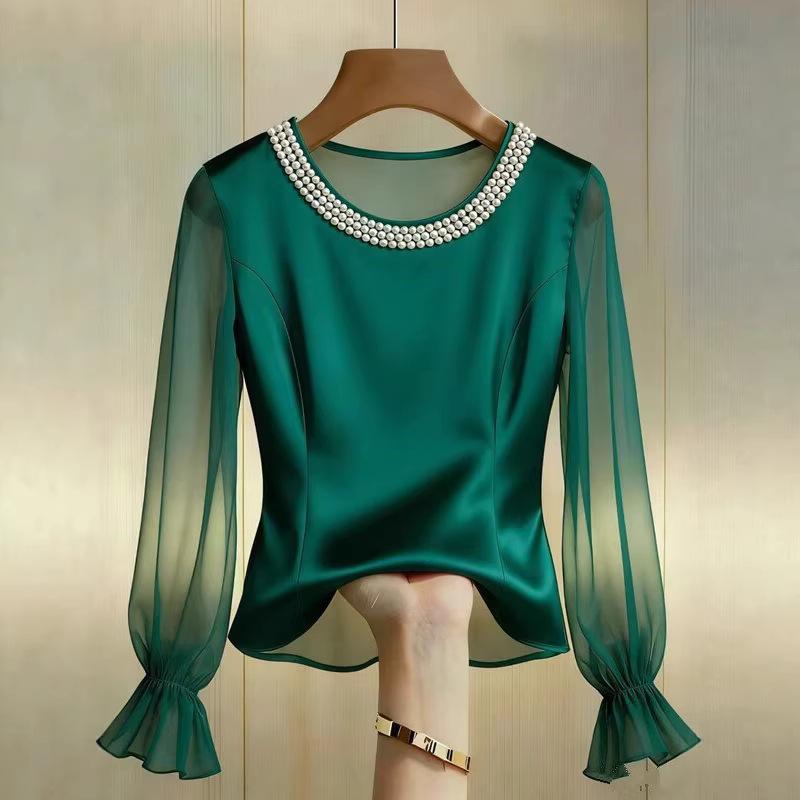 

Spring Autumn Women s Round Neck Blouse High-end Pearl Satin Shirt Top XXL зелений