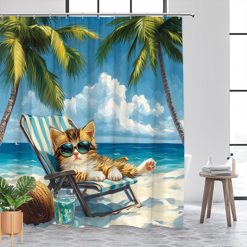 Beach-Themed Kitten Shower Curtain - Cat In Sunglasses, Palm Trees & Coconuts, Tropical Style, Machine Washable Polyester