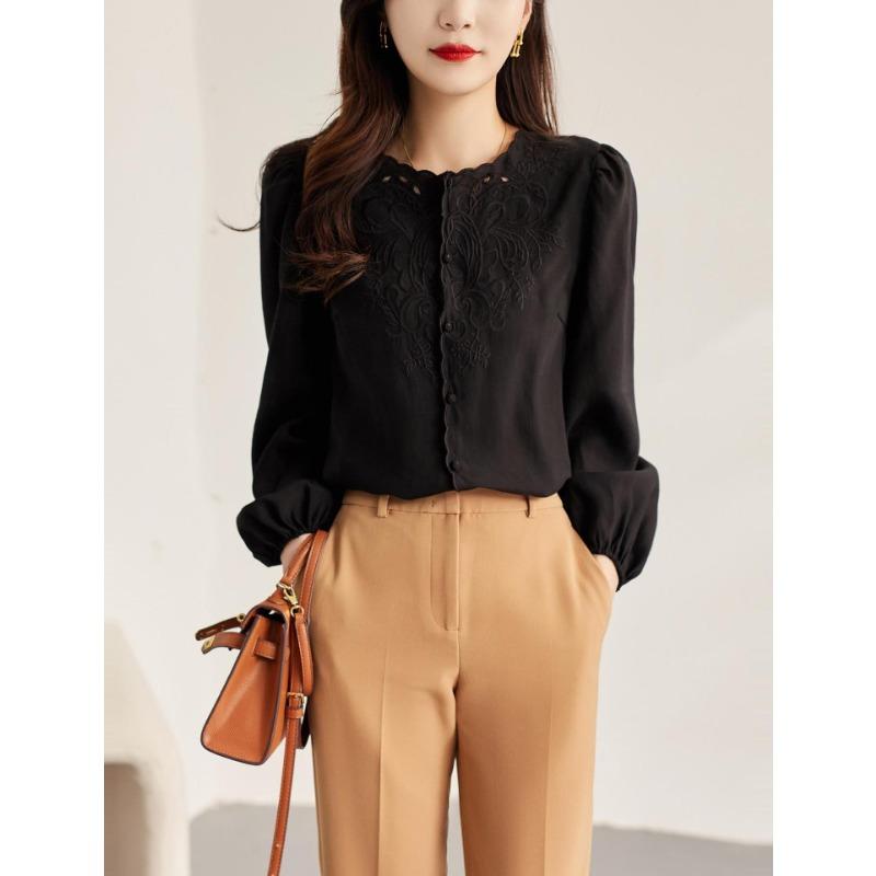 Round Neck Long Sleeve Shirt Lantern Sleeve Small Top Women's Lace Shirt Spring