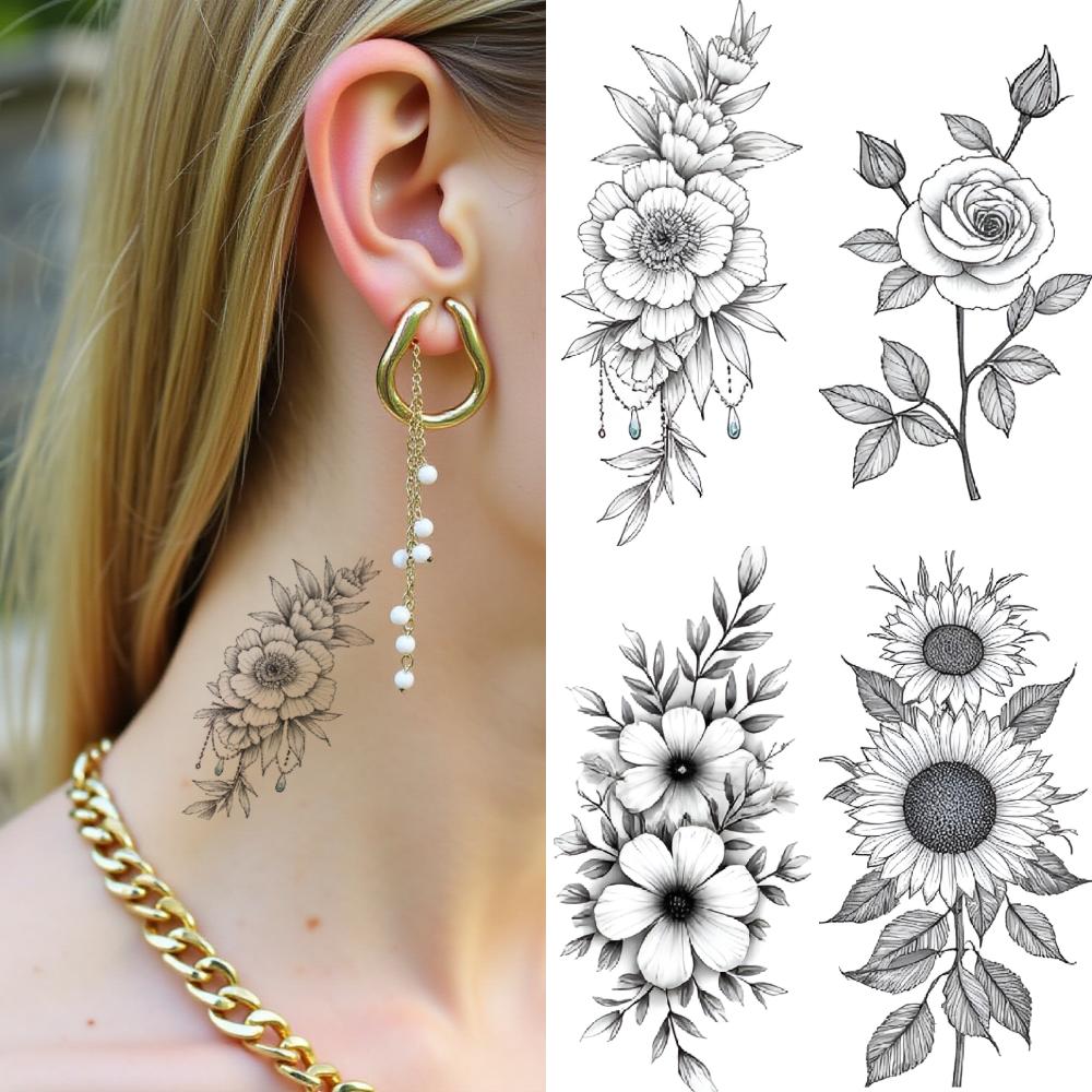 9 Piezas Tatuaje Temporal Impermeable Duradero Pegatinas Corporales Mariposa Con Flores Ramo De Flores Arreglo Floral Para