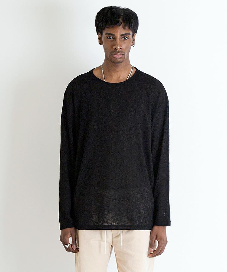 Seuteulaikeu Drop Shoulder Loose Fit Linen T-Shirt (Black)