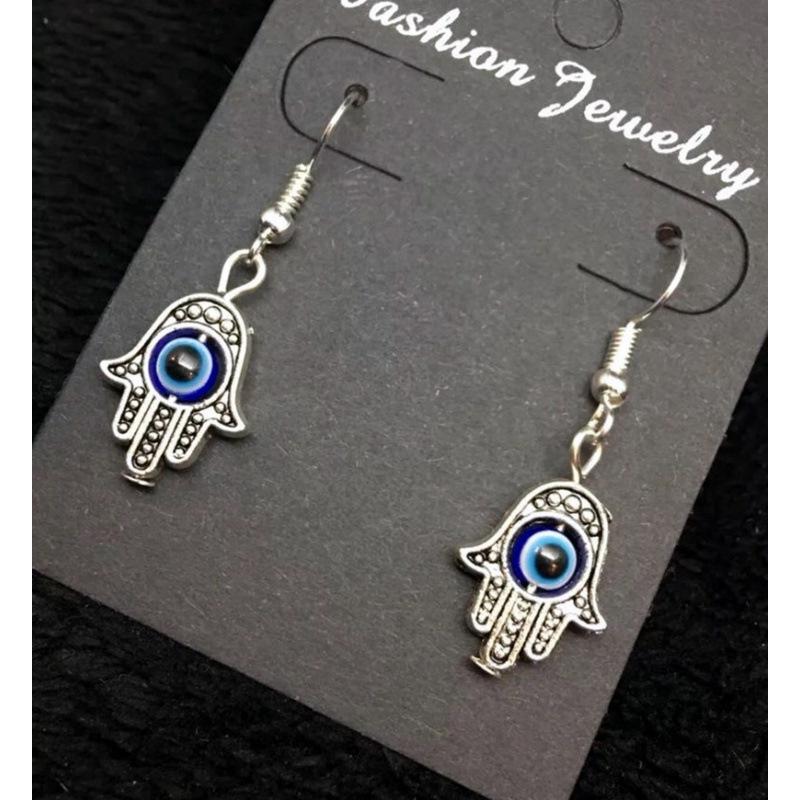 Hand of Fatima Blue Evil Eye Earrings with Alloy Electroplating