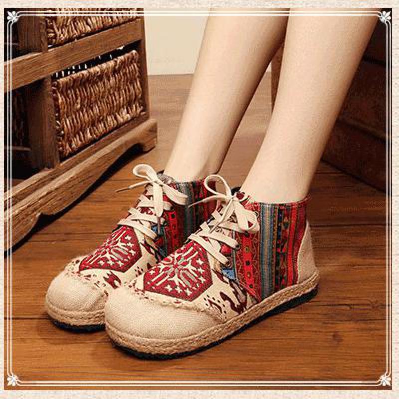Handmade Embroidery Round Toe Lace-up Floral Sewing Linen Cotton Shoes Ankle Boots For Women