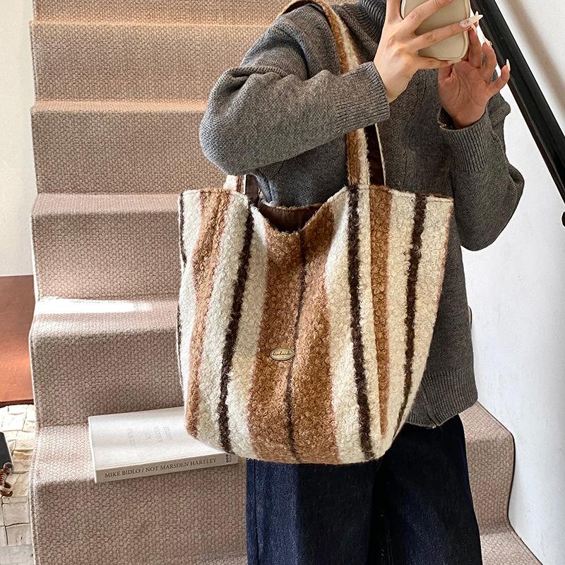 2025 new plush tote bag vertical striped cloth bag plaid shoulder bag large capacity double-sided backpack