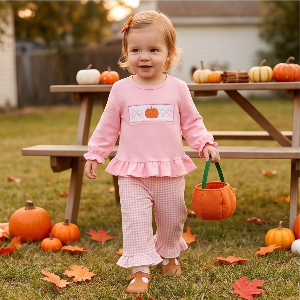 Kleinkind Mädchen Halloween Kürbis Stickerei Langarm Rundhals Pullover Sweatshirt und Elastische Taille Ausgestellte Hose Set