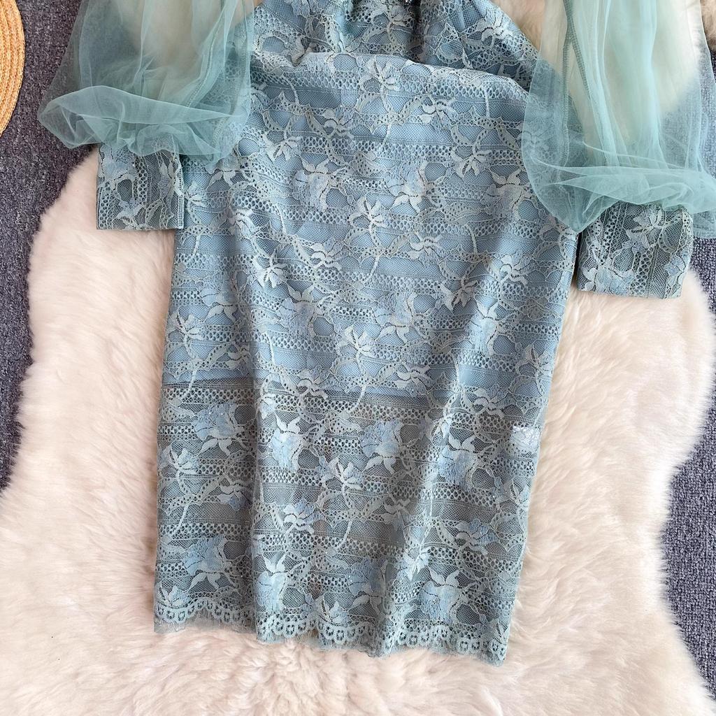 Elegantes Bleistiftkleid aus Häkelspitze für die Arbeit im Büro für Damen, schmaler V-Ausschnitt, Netzstoff, lange Laternenärmel, gepolsterte Abendgarderobe