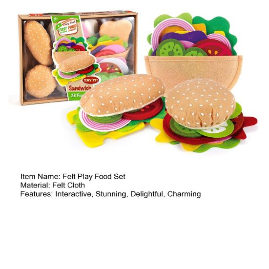 28 Parça/Set Yumuşak Keçe Oyun Yemeği Seti Hamburger Sandviç İstifleme Oyuncakı Dana Biftek Sebzeler ile Çocuklar İçin Rol Yapma Oyun Yemeği Mutfak Oyuncağı
