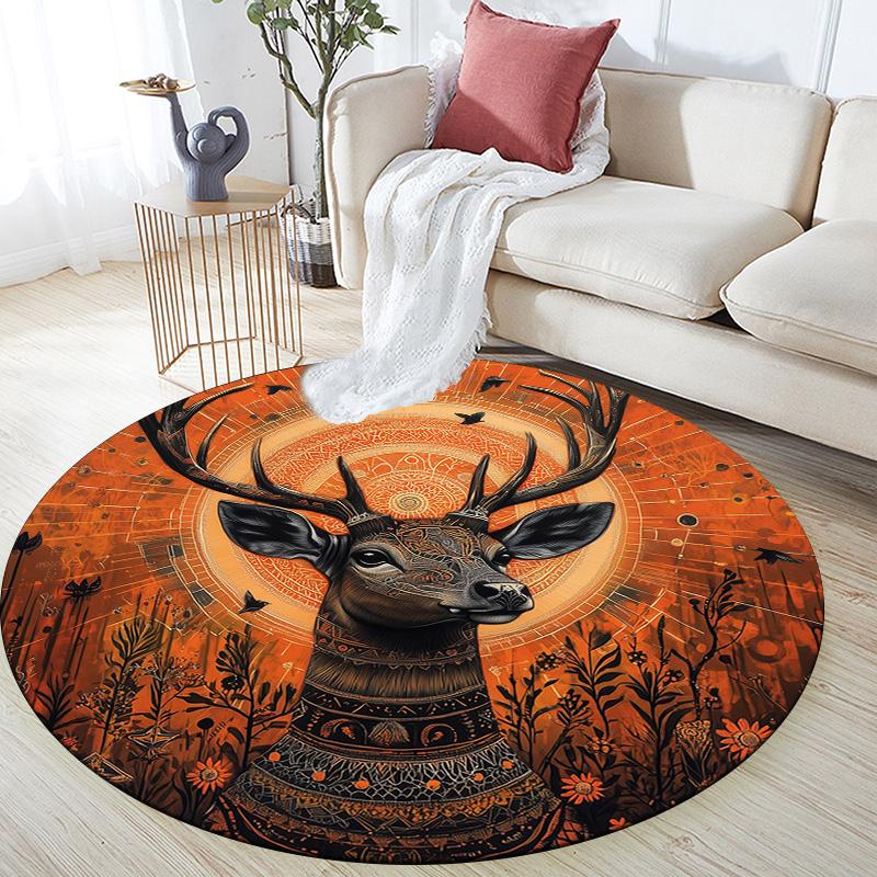Vintage Sunset Deer Head,Round Area Rug,Carpet Rug for Living Room Bedroom Sofa Playroom Decor,Non-slip Floor Mat