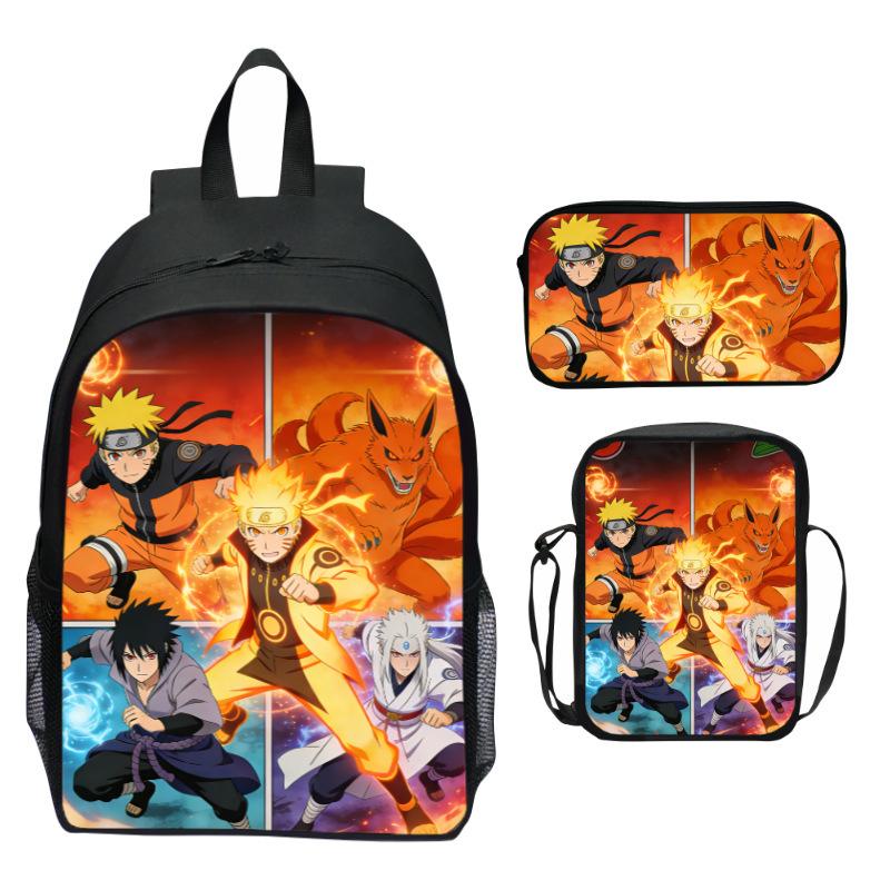 Set Zaino Anime Naruto 3 Pezzi Zaino Scuola Elementare Cartone Animato Stampato Leggero Multitasche