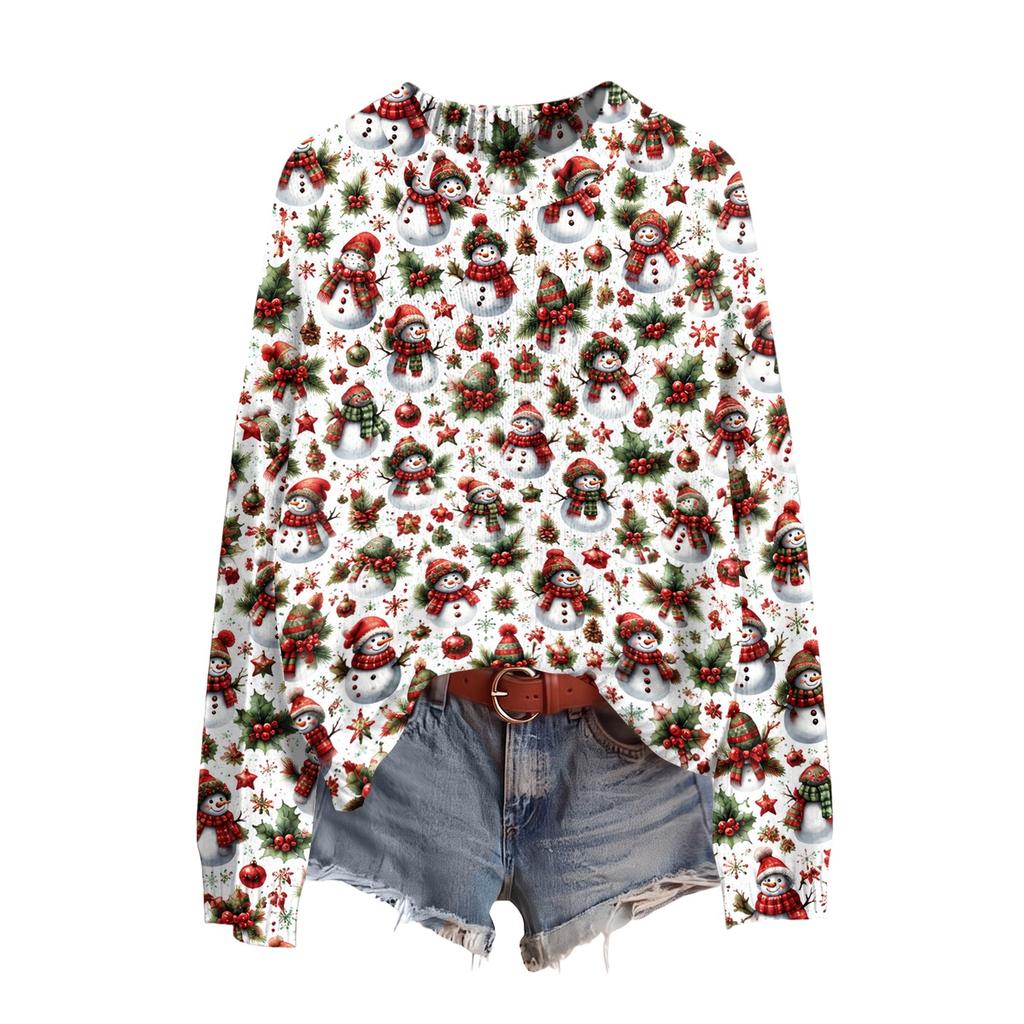 Women's Christmas Print Long Sleeve Top Casual Winter Comfortable Blouse for Holiday Wear