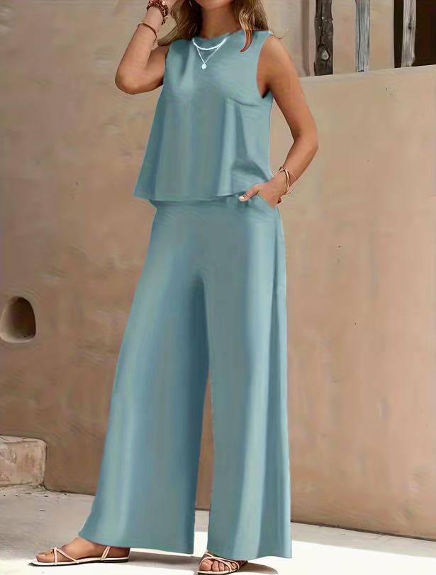 

European & American Women s Fashion Set: Sleeveless Solid Top & Wide-Leg Pants 2026 Medium світло-зелений колір