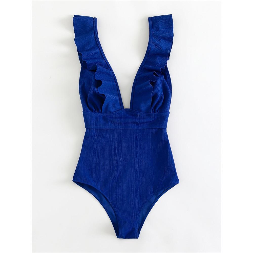 European and American One-piece Ruffle Edge Swimwear Three-dimensional Striped Sexy Swimsuit