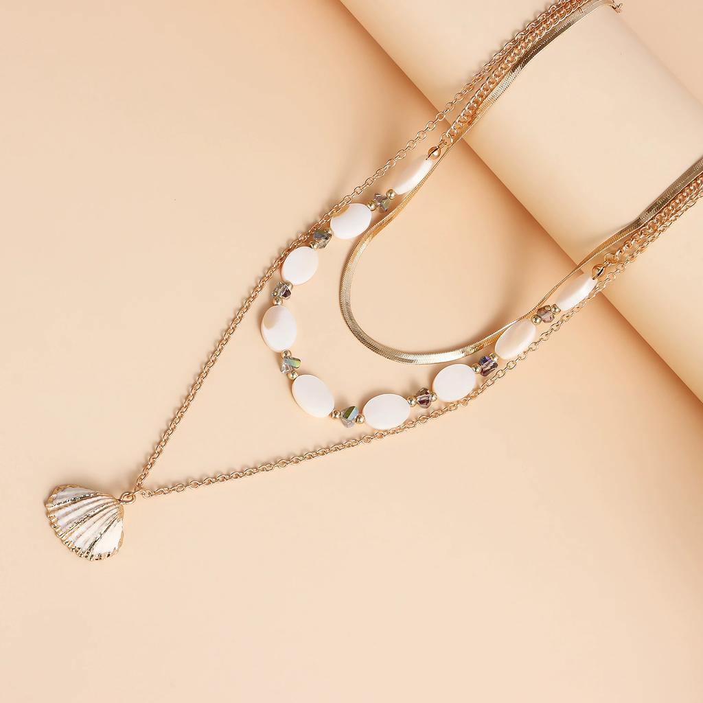 Ocean Wind Shell Multi-layer Stacked Necklace, Retro Vacation Oval Fritillary Beaded Necklace