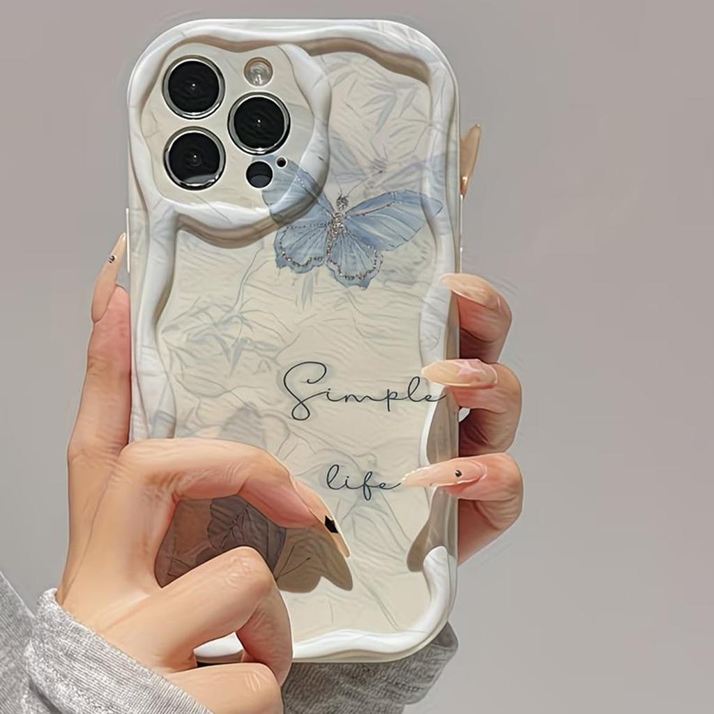 Blue Gradient Butterfly Phone Case For iPhone 17 Cases iPhone 16 Pro Max 11 12 13 14 15 Plus 17promax 16e 17e 3D Wavy Edge Cover