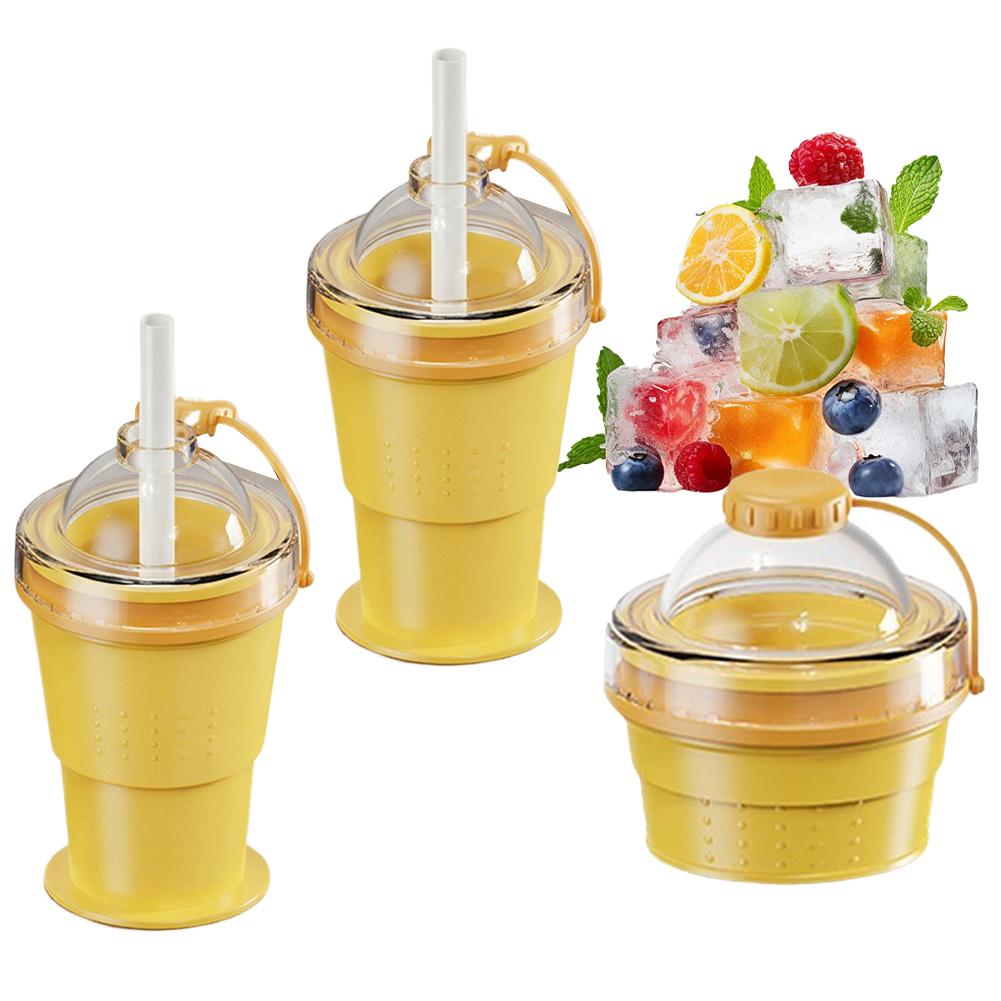 2-in-1 Collapsible Silicone Ice Ball Cup Reusable Portable Ice Sphere Mold with Straw Lid for Coffee Juice Drinks