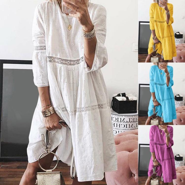 Boho Women Solid Color Hollow Out Sleeve Splice Mid Long Dresses