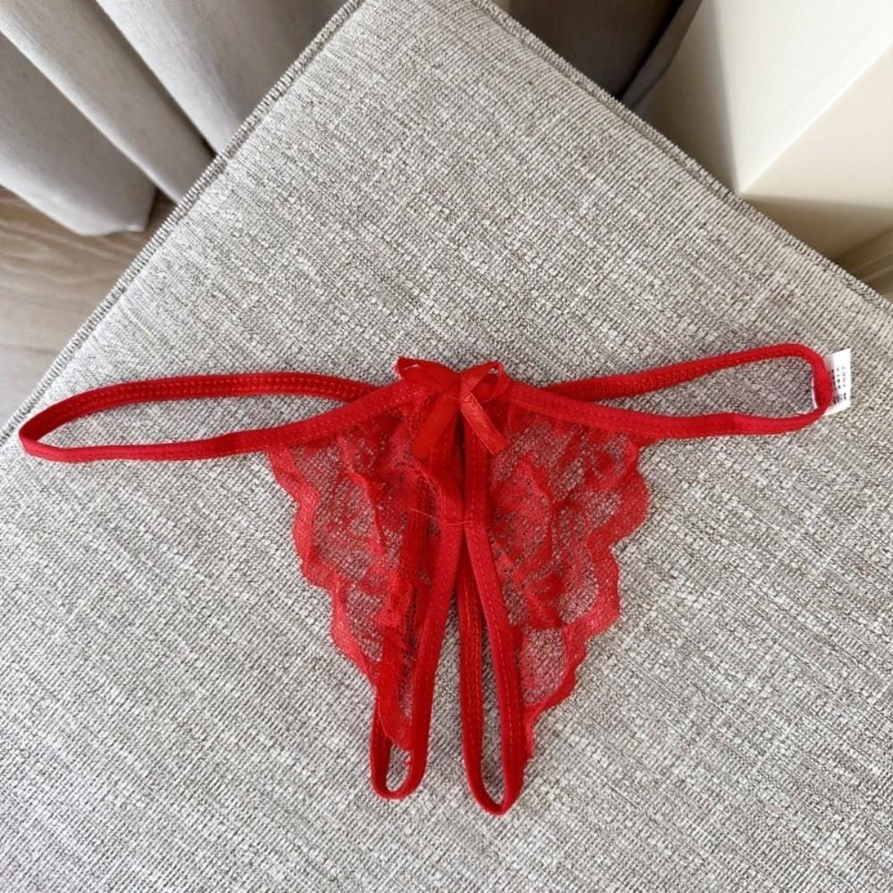Open Crotch Bow Mesh Lace Panties Hollow Thin Belt Thong Underwear for Women Valentine's Day Gift
