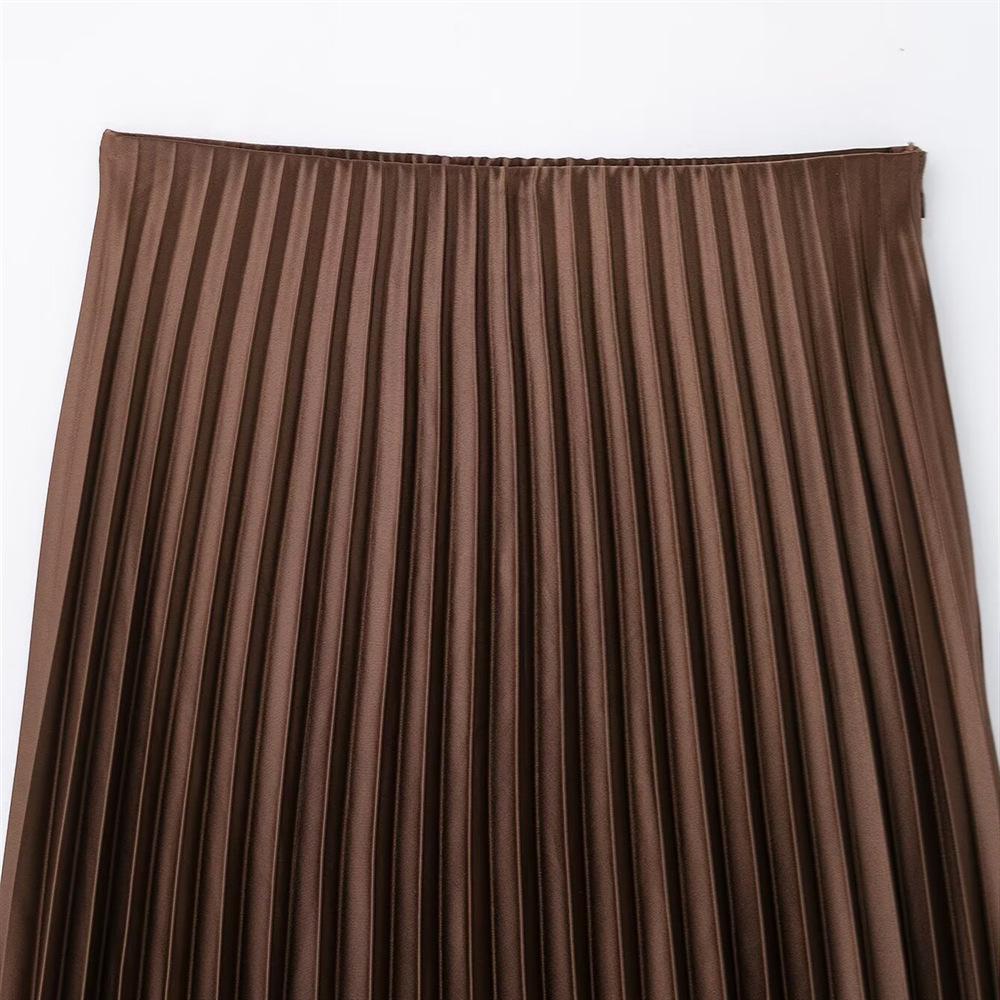 Spring 2025 Women's Slimming High-Waisted Silk Satin Pleated Midi Skirt