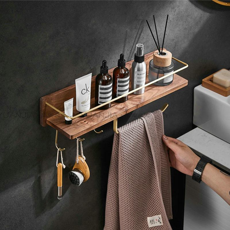 Solid Wood Bathroom Shelf Wall Mounted Toilet Storage Rack Towel Rack Toiletry Counter Bathroom Makeup Storage Rack Hook Bar