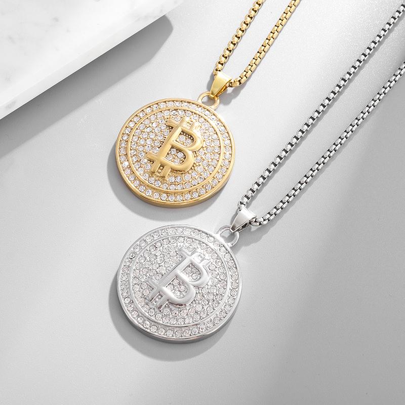 Collana Ciondolo Bitcoin Bling Iced Out con Strass per Uomo e Donna Hip Hop Rock Rap Gioielli Trendy Cool