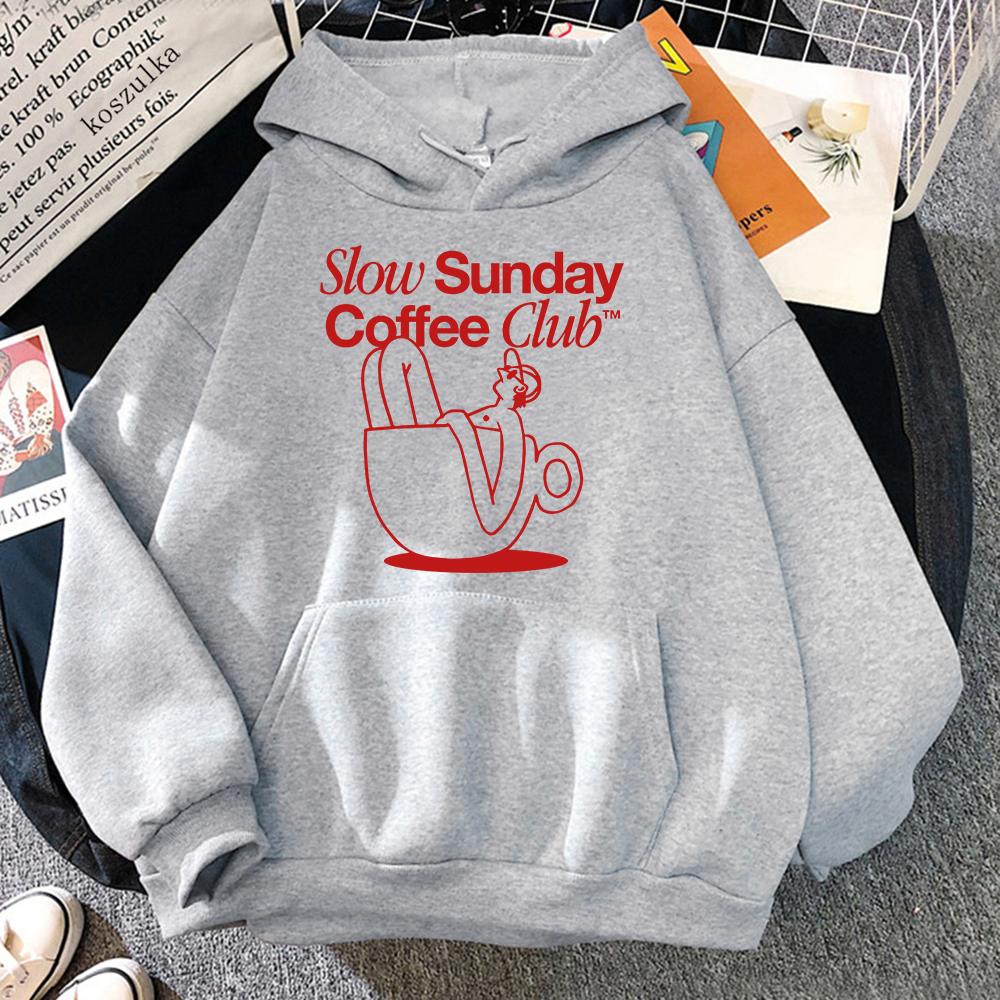 Slow Sunday Coffee Club Hoodie Mode Damen Harajuku Ästhetisch Lustige Hoodies Unisex Herbst Winter Vintage Pullover Sweatshirts