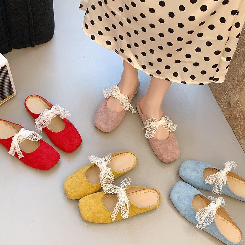 Beautiful bag head half slippers women's outer wear spring and summer new flat bottom lace bow Mary Jane sandals