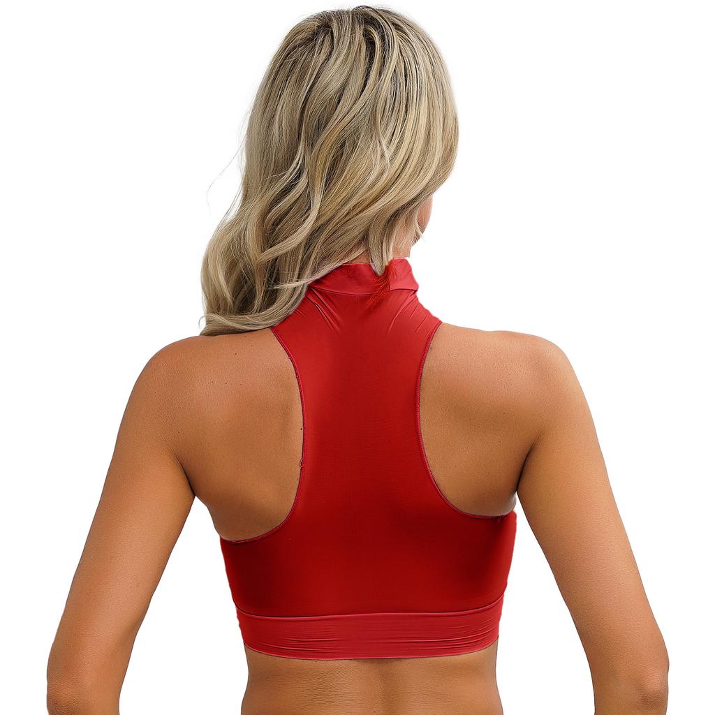 Womens Mock Neck Sleeveless Sheer Crop Top Glossy See Through Vest