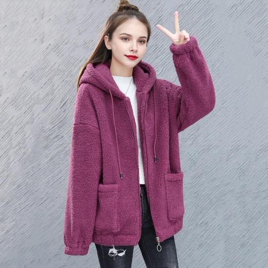 Women Winter Hoodie Thick Fleece Drawstring Hooded Outerwear Full Sleeves Zipper Closure Windproof Cardigan Jacket with Pockets