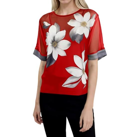 

Women Tops Round Neck Short Sleeve Perspective Shirt Loose Fit Flower Print Chiffon Summer T-shirt Work Party Vacation Daily Wear XXL