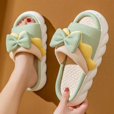 Leinenpantoffeln für Damen, bequeme rutschfeste Hausschuhe aus Baumwolle, süße flache Slipper mit Schleife, für Paare, Frühling und Sommer