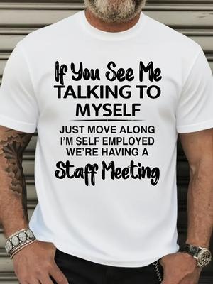 Plus Size Men's "If You See Me Talking To Myself" Humorous Graphic T-Shirt - 100% Cotton Breathable Regular Fit Short Sleeve Tee