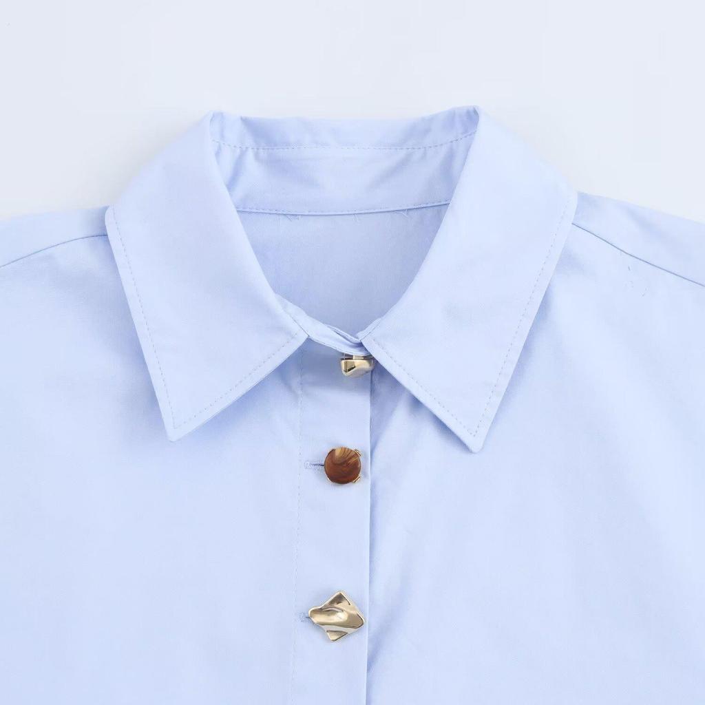 2025 Spring Women's Solid Color Simple Long-Sleeve Lapel Double-Breasted Poplin Shirt