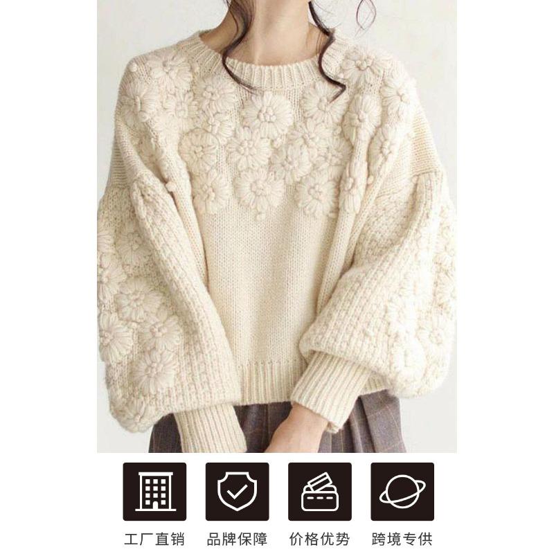 Fresh Sweet 3d Daisy Embroidery Loose Fit Crew Neck Long Sleeve Knit Pullover Sweater
