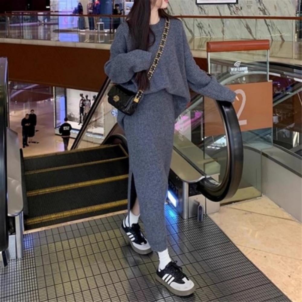 New Arrivals Open Run Women Oversized Knit Long Skirt Slit Set Rib Design