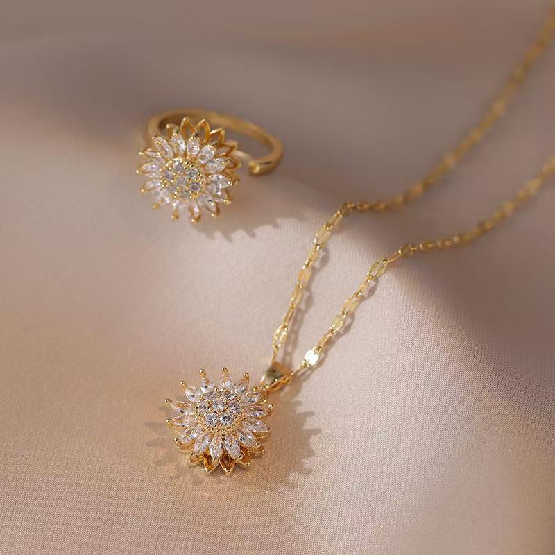 Sunflower Rhinestone Necklace & Rotatable Ring Set for Women