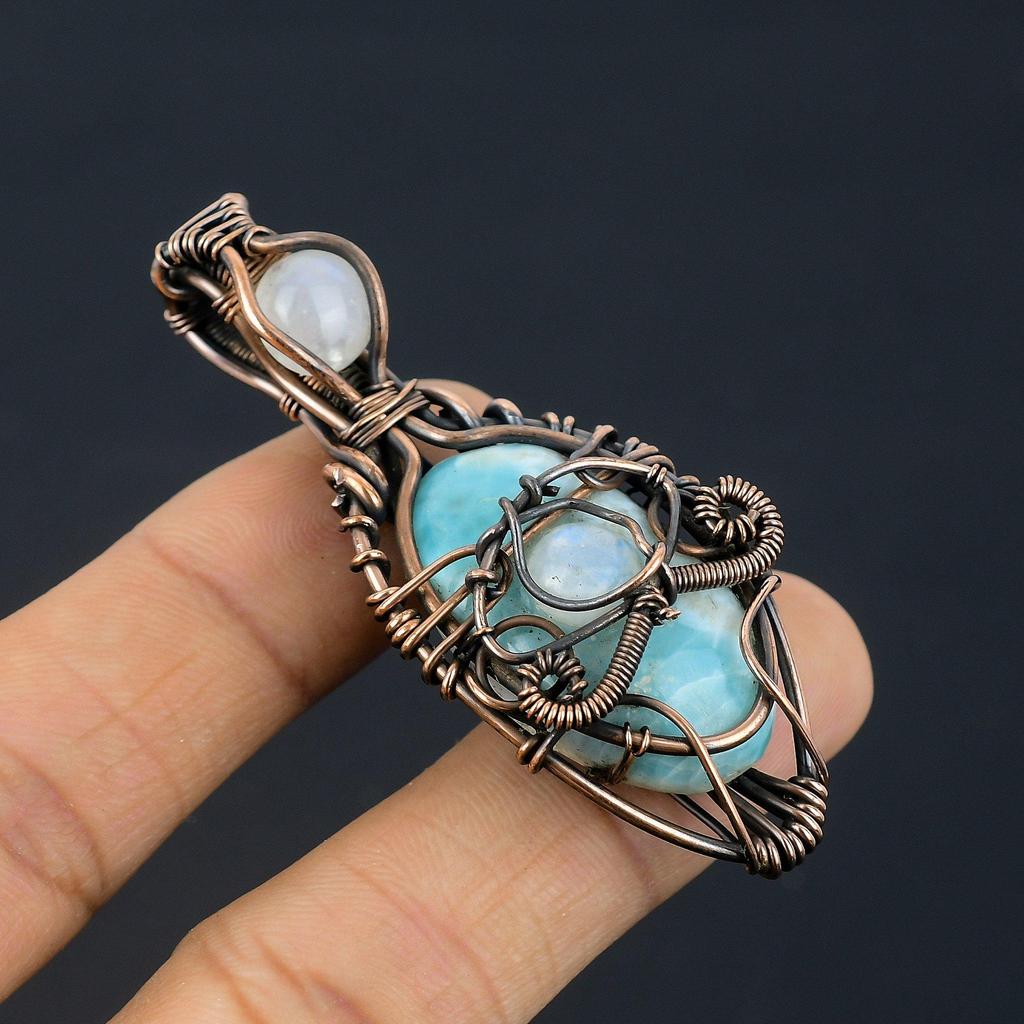 Larimar Pendant Gemstone Jewelry, 999 Copper Wire Wrapped Pendant, Handmade Jewelry Birthstone Pendant, Gift For Him