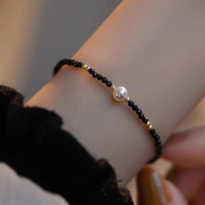 HENGSHENG White Freshwater Pearl Bracelet with Black Spinel Natural Crystal S925 Sterling Silver Bracelet for Women Jewelry Gift