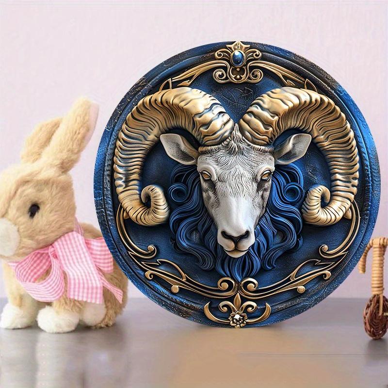 Aries Zodiac Ram Wooden Wall Decor, Round Metal Sign Weather-Resistant Artwork Door Hanger or Wreath Decoration